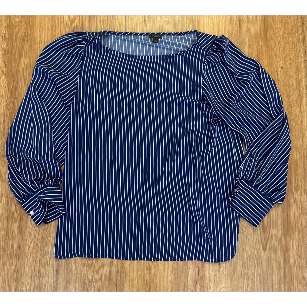 Ann Taylor Factory Navy Blue White Striped Puff Sleeve Blouse Boat Neck Large - Picture 2 of 8